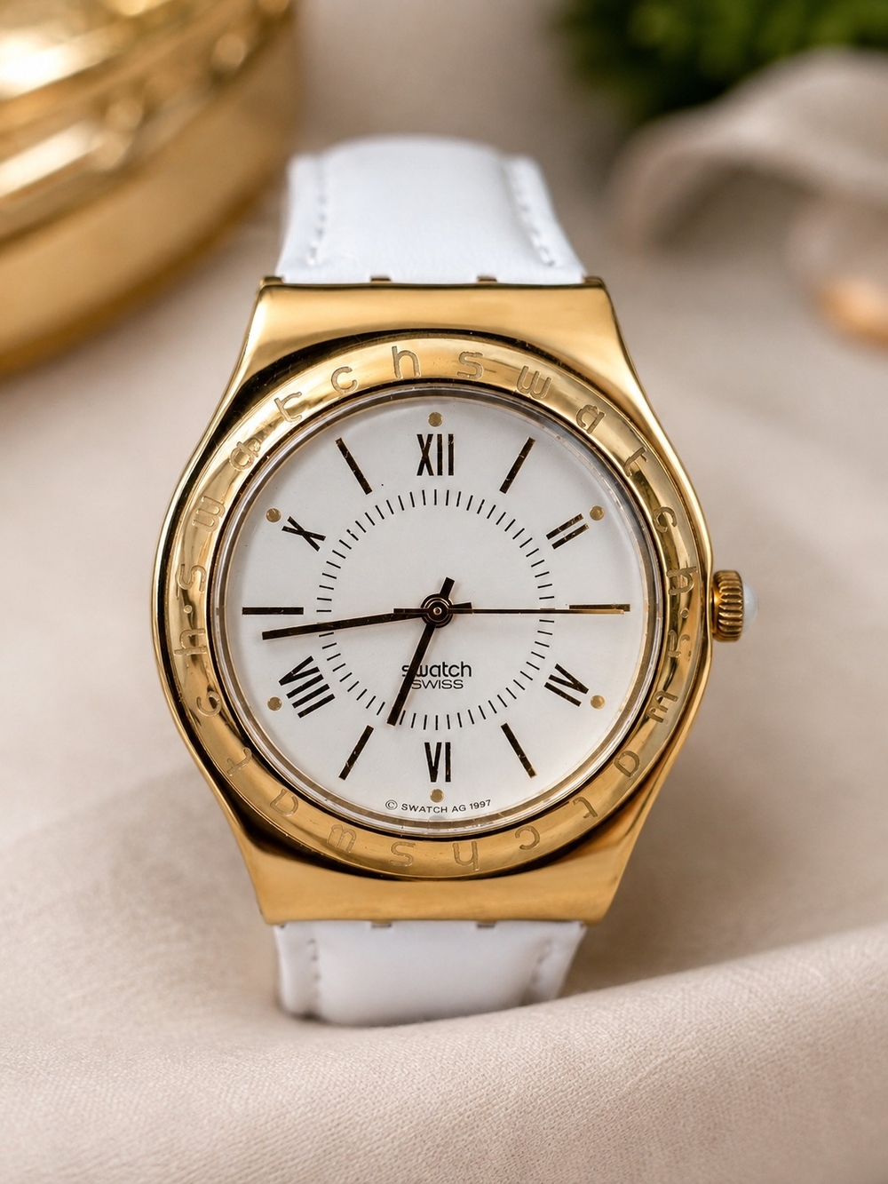 Swatch Gold-Tone Case White Dial Leather Strap Watch